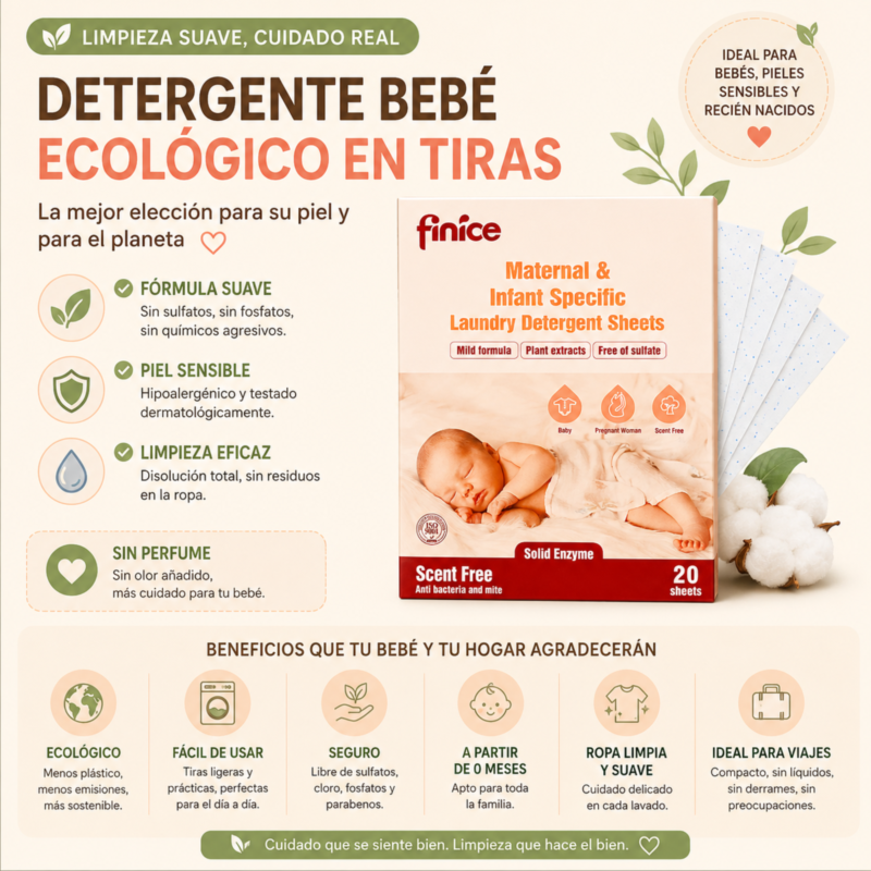 Detergente bebé ecológico en tiras para piel sensible y ropa delicada de recién nacido