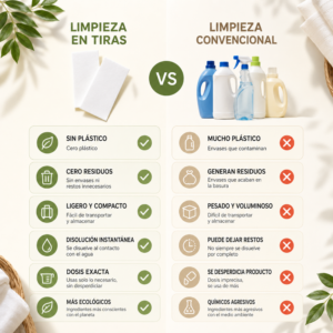 Comparativa detergente en tiras ecológico VAMZ frente a productos de limpieza convencionales con plástico