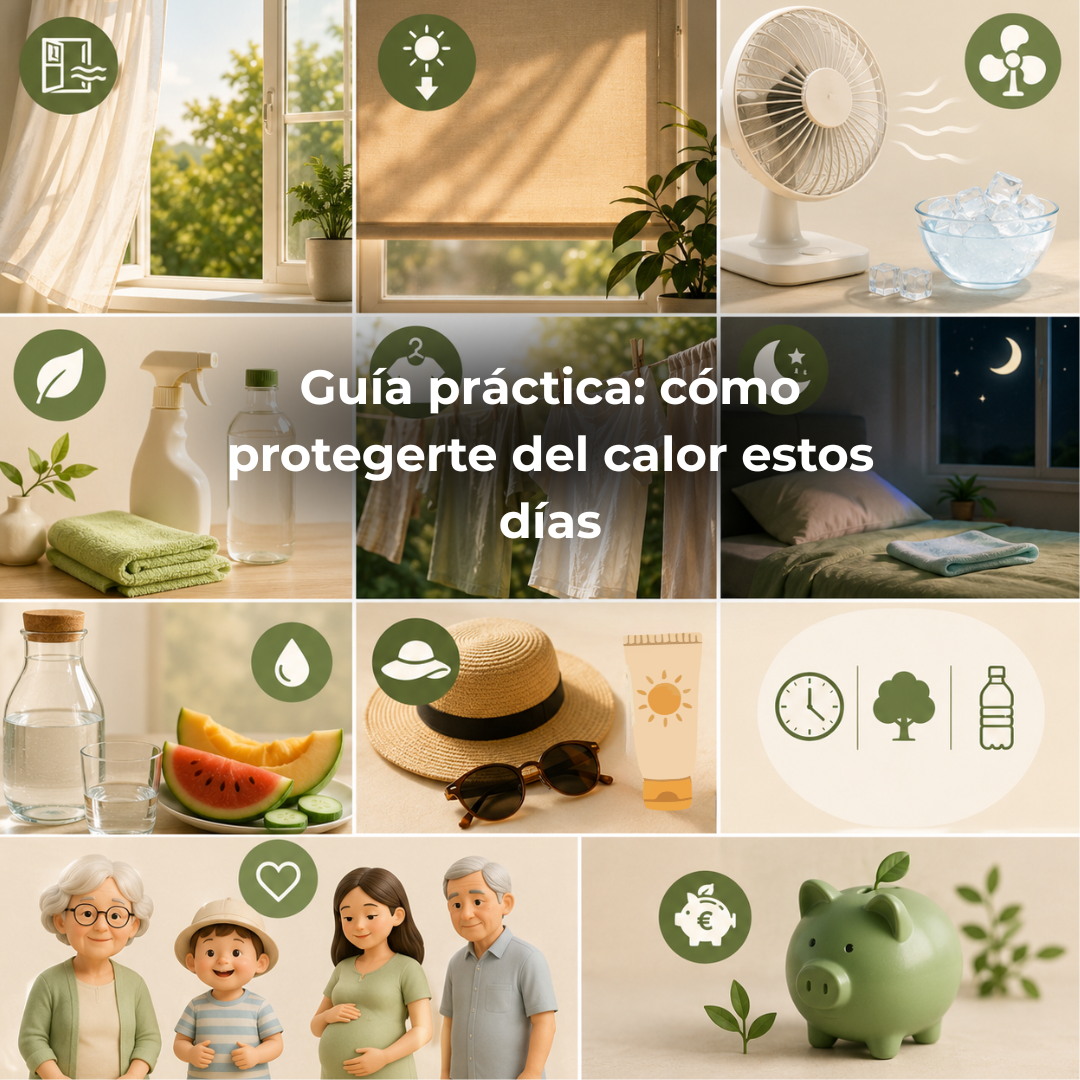 Infografía con ilustraciones sobre cómo protegerse del calor en verano. Incluye consejos para ventilar la casa por la mañana, mantener las persianas bajadas durante las horas de más calor, utilizar ventilador, hidratarse, secar la ropa a la sombra o por la noche, dormir mejor, usar protección solar, evitar las horas centrales del día y cuidar especialmente a personas mayores, niños y embarazadas. Diseño en tonos beige y verde con estilo limpio y veraniego.
