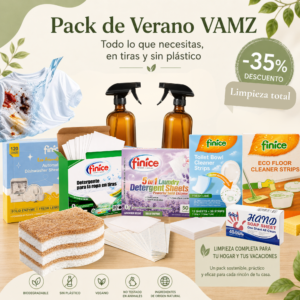 🌿 Pack de Verano Pack de Verano VAMZ: detergentes, lavavajillas y limpiadores en tiras biodegradables y sin plástico. Limpieza total para tu hogar, -35% dto.