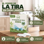 Caixa de detergente VAMZ e tiras sobre uma bancada de madeira, com quatro vantagens: dosagem simples, uso em água fria e quente, dissolução completa e limpeza eficaz.