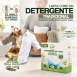 Camisa com metade manchada e outra limpa junto a uma caixa de detergente em tiras VAMZ, como ilustração da limpeza de roupas brancas e coloridas.