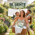 Família em um jardim com roupas estendidas e uma cesta de roupas limpas contendo uma caixa de detergente em formato de VAMZ.