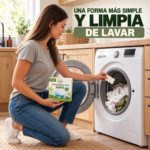 Mulher colocando uma tira de detergente no tambor da lavadora enquanto segura uma caixa VAMZ em uma cozinha de madeira.