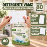 As mãos separam uma folha de detergente VAMZ por meio de uma máquina de corte. Uma tira para um lavamento normal de 8 kg e duas para cargas grandes ou roupa muito suja.